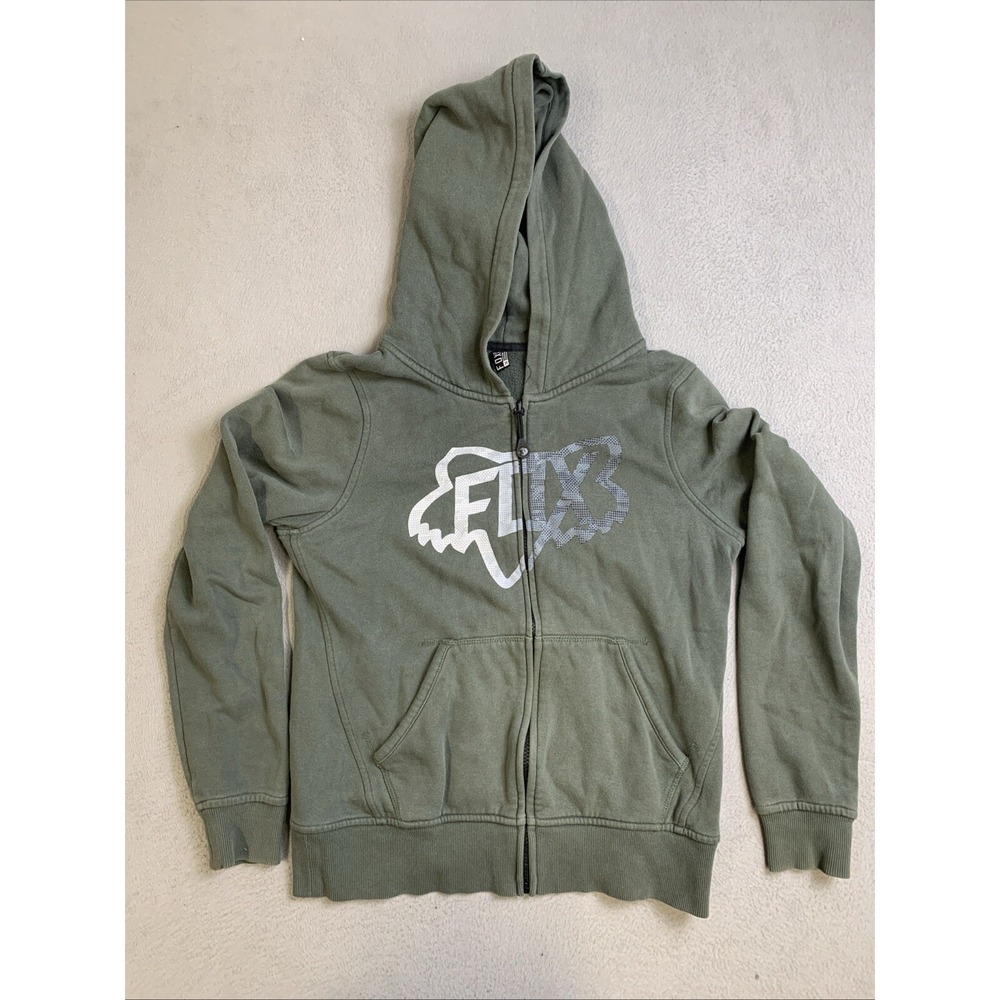 Fox Hoodie Mens M Green Pullover Sweatshirt Full Zip Front Pockets RN 97275